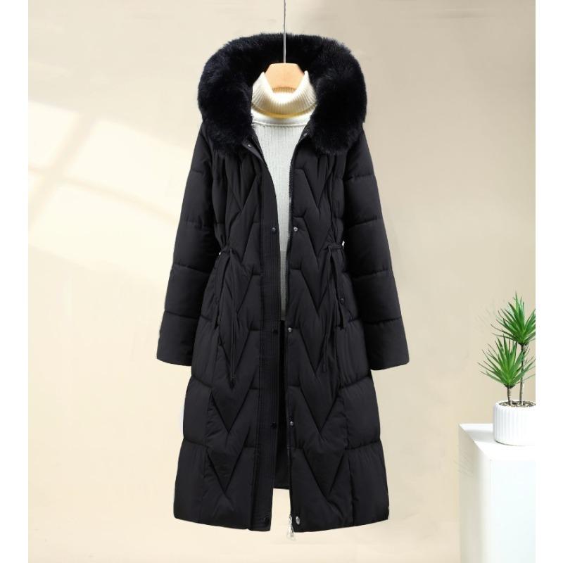 Large Fur Collar Down Jacket for Women, Mid-length, Over-the-knee Thickened Warm Cotton Coat, Fashionable Cotton-padded Jacket