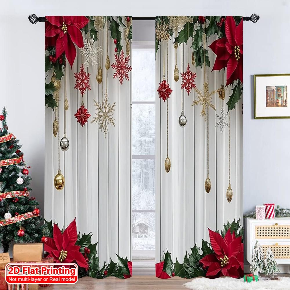 Set Of 2 Flat Printing Merry Christmas Popular Curtains Holiday Fabric Without Electricity Festive Curtain Polyester Machine Washable