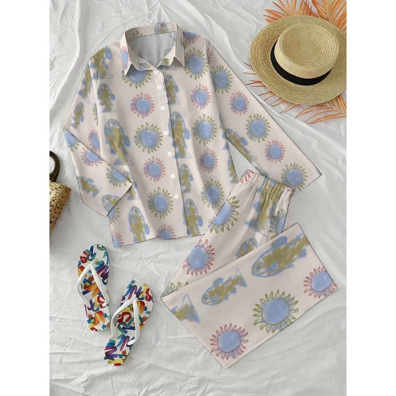 Off-white Bottom with All-over Hand-painted Sun Fish Fun Print Loose Shirt Wide-leg Pants Suit Daily Casual Long-sleeved Trousers Suit