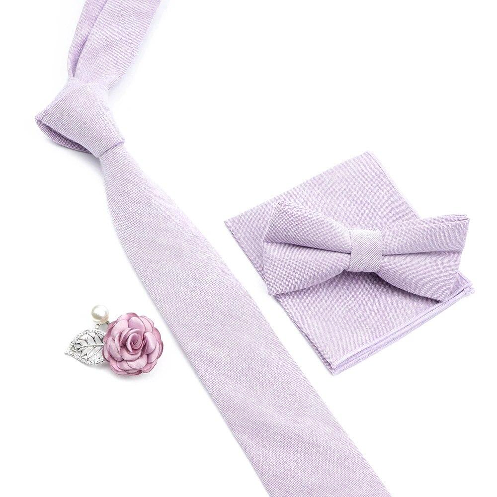 Solid Color Cotton Necktie Set For Men Tie 4pcs Hanky Cufflinks Rhinestone FLoral Brooch Tie Set
