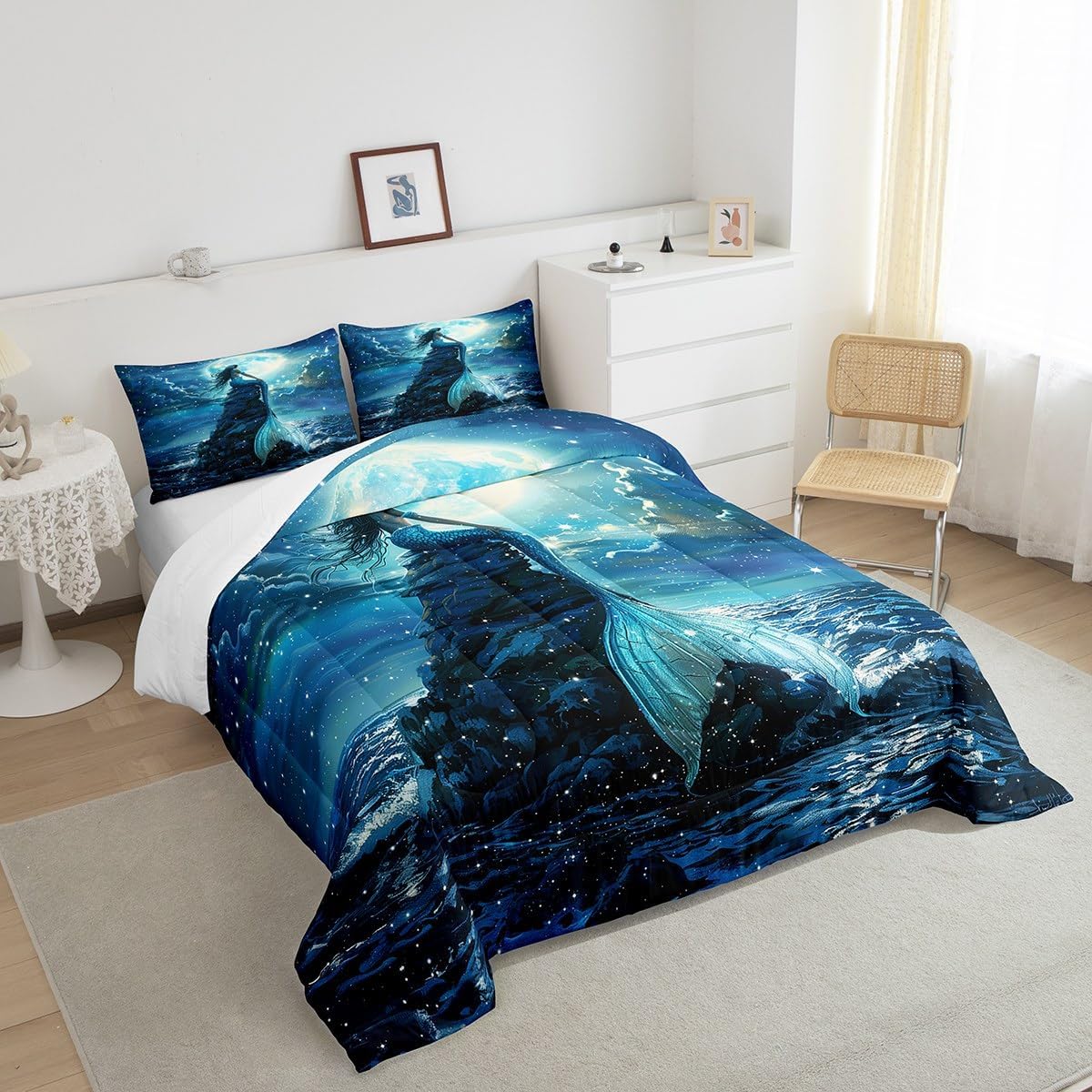 

3D Mermaid Comforter Set Queen SizeSea Moon Starry Sky Bedding Set Kids Boys Girls Room DecorLuxury Fashion Soft Microfiber EU Single(135*200cm)3pcs