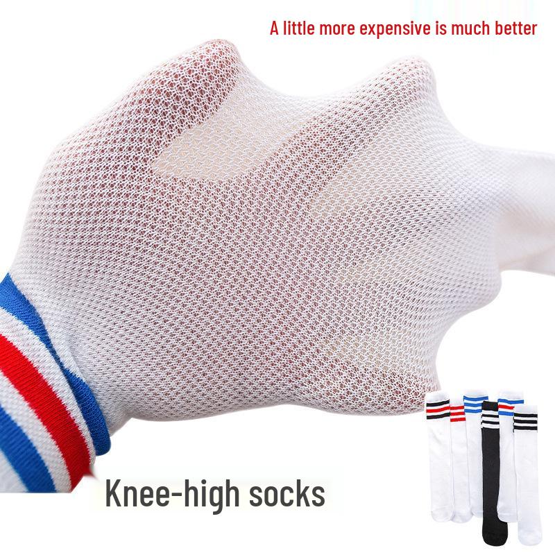 Kids' Three-Stripe Mesh Mid-Calf Cotton Slouch Socks - Breathable Spring & Summer Over-the-Knee Football Socks