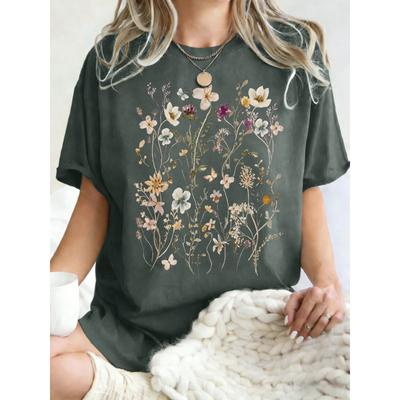 T-shirt da Donna con Stampa di Bellissimi Grappoli di Fiori Estate Oversize Manica Corta Girocollo Magliette in Cotone Y2K Top Sportivi Donna