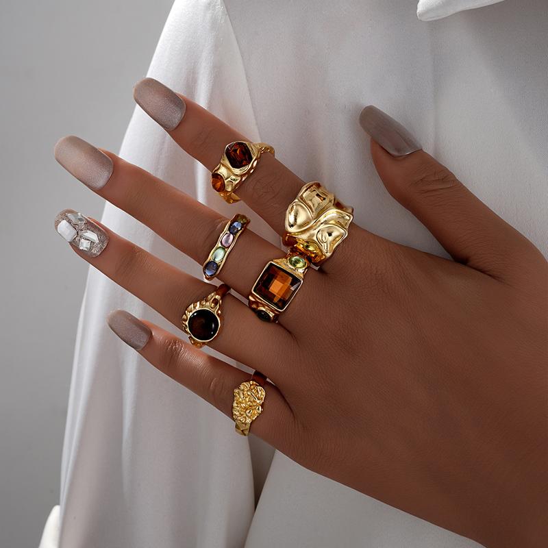 6PCS Maillard Brown Stone Ring Sets for Women Fashion Colorful Zircon Geometric Opening Finger Ring Luxury Party Jewelry Accessories