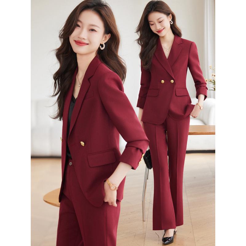 

Women s Burgundy Suit Set: 2026 High-End Spring/Autumn Fashion with Micro-Flare Pants - Elegant Two-Piece Business Outfit M