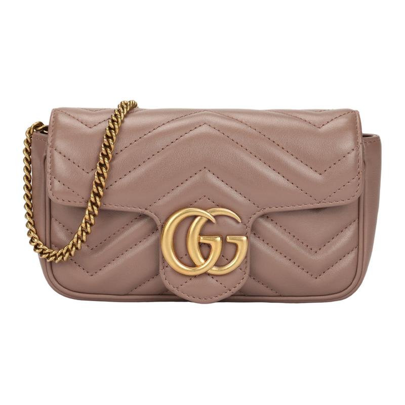 Gucci GG Marmont Marmont Gold Label Double GLogo Distressed Quilted Leather Crossbody Shoulder Bag Super Mini Women's Milk Tea Nude