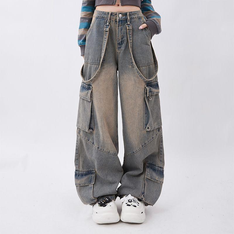 Womens High-Waisted Distressed Straight-Leg Cargo Jeans Wide Leg Denim Pants Vintage Blue Small