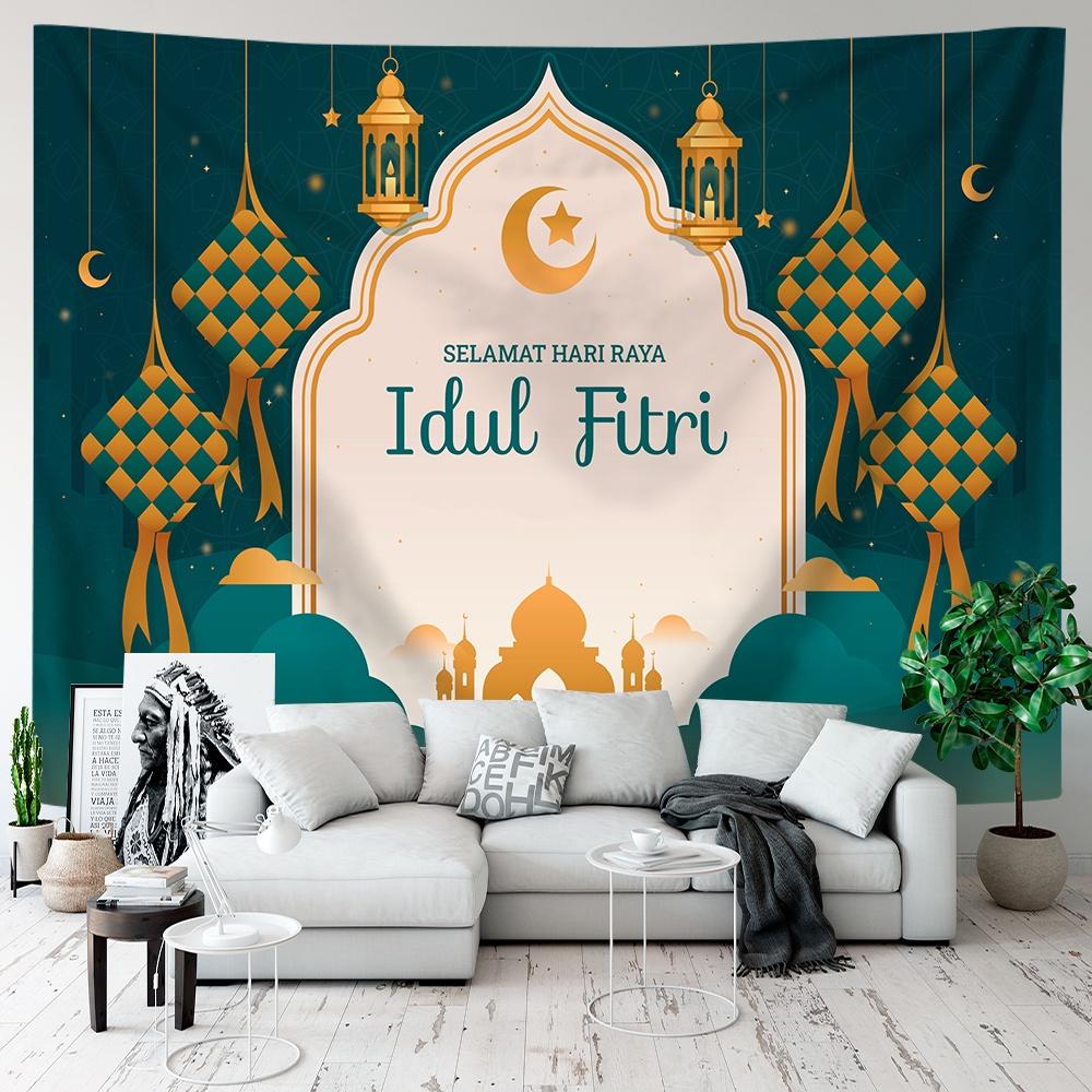 VIKAMA Green Gold Mosque Tapestry Ramadan Kareem Ramadan Wall Hanging Islamic Bedroom Decor Washable Art for Living Room