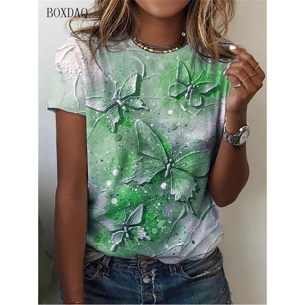 Tie-dye Butterfly Graphic Women T-Shirts Summer Short Sleeve 3d Print Street Gradient Fashion Ladies Tee M