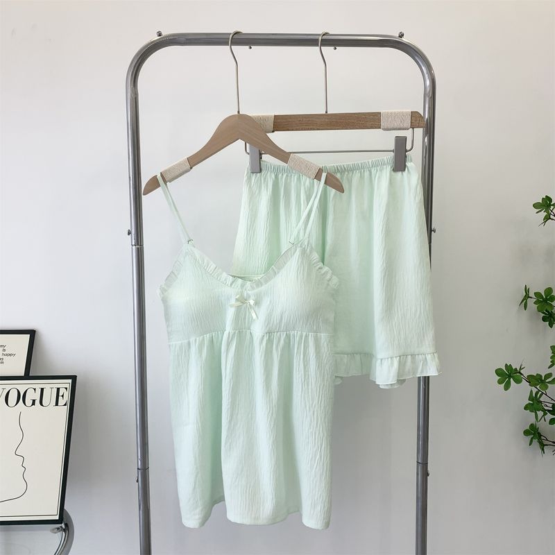 

Sweet Cute Young Adult Clouds Cotton Suspenders Shorts Pajamas Women s Homewear Suit with Chest Pad Bubble Cotton Two-piece Set Green All yards