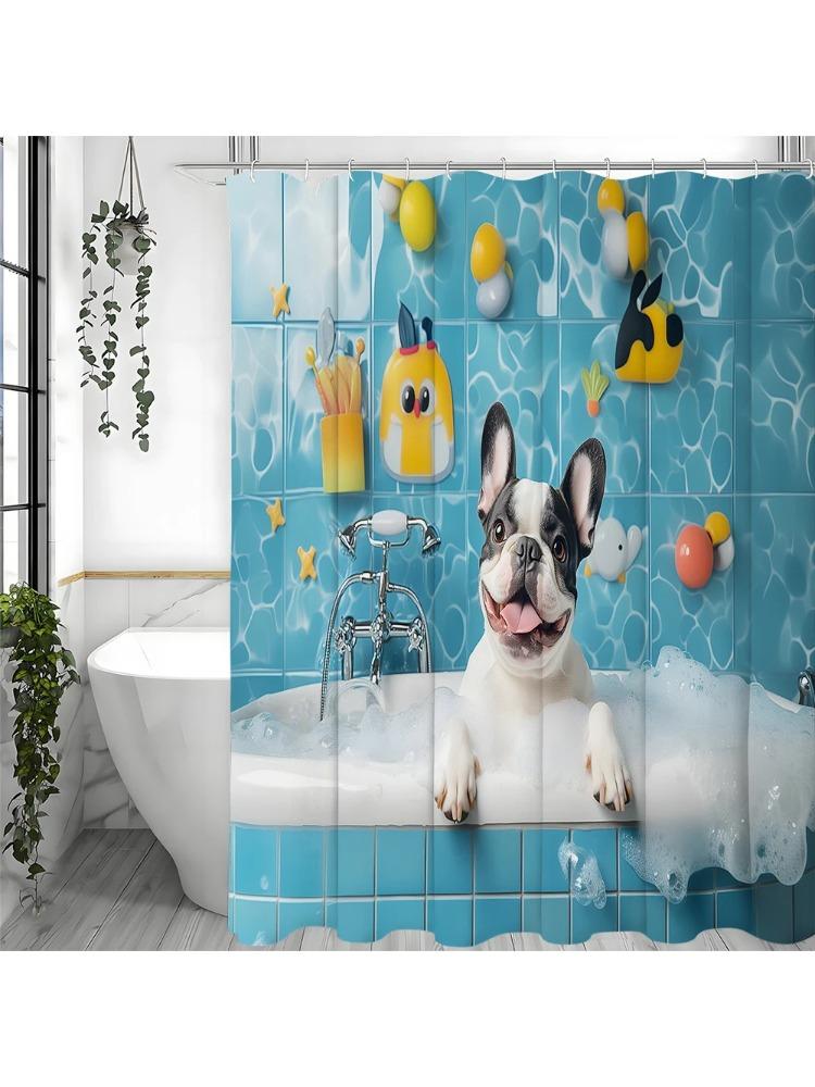 Cute Dog Bathing in Bathtub Shower Curtain, Bathroom Decorative Shower Curtain, Waterproof Shower Curtain with Hooks W90xH180cm