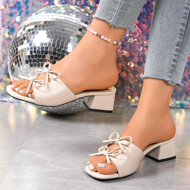 

Fashion 2025 New Women s Chunky Heel Sandals Summer Outdoor Wear One-Strap Slippers High Heels Knot Sexy Ultrine Fiber Rubber 35 бежевый