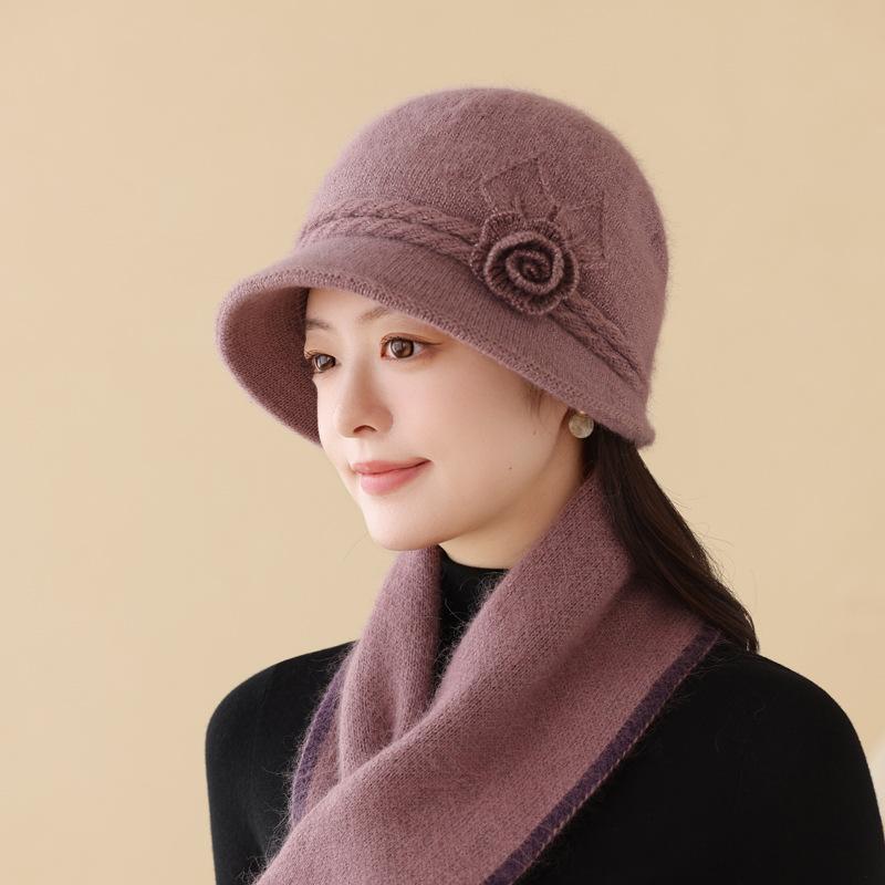Autumn And Winter Hats Women'S Solid Color Flower High-End Mother Hat Plush Rabbit Fur Warm Knitted Wool Hat