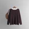 Autumn Winter Vintage Loose Long Sleeve Top Block Color Cardigan Pullover Knitwear Twists V-neck Sweater