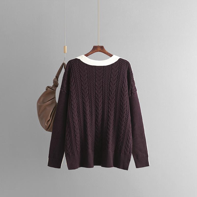 Autumn Winter Vintage Loose Long Sleeve Top Block Color Cardigan Pullover Knitwear Twists V-neck Sweater