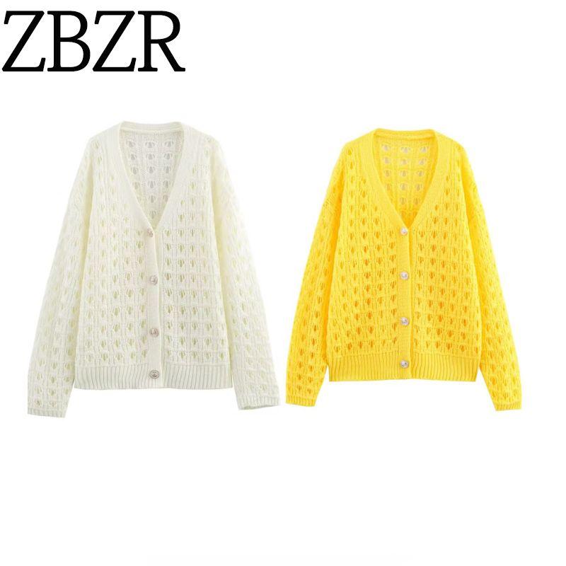 Zbzr Spring New Women clothes Western Style Yellow Hollow out Knit cardigan Niche Sweet Casual Sweater Outerwear