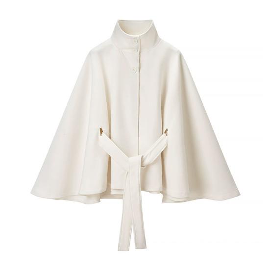 Women's Batwing Sleeve Wool Poncho Coat Stand Collar Cropped Cape Jacket with Belt Fall Winter Short Trench Pea Coat