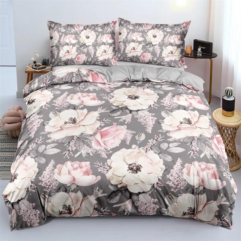 3D design Květinové soupravy povlaků na přikrývku King Queen Twin size květinový potisk Sada povlečení Ložnice Tmavě zlaté květy pro dívky Ženy