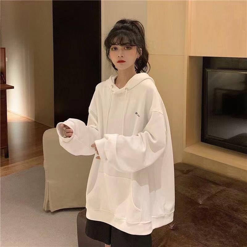 Women Plus Size Loose Fit Hooded Sweatshirt Korean Style Casual Top For Students