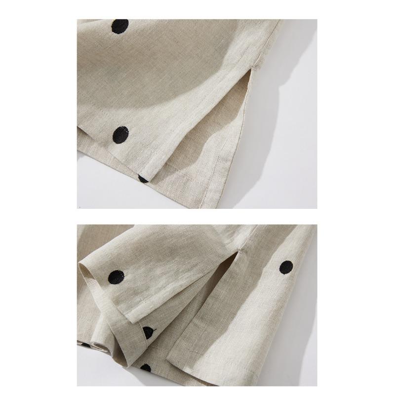 Summer Cotton and Linen Printed Literary Polka Dot Small Mid-length Dress with Waist Strap To Slimming Short-sleeved Skirt