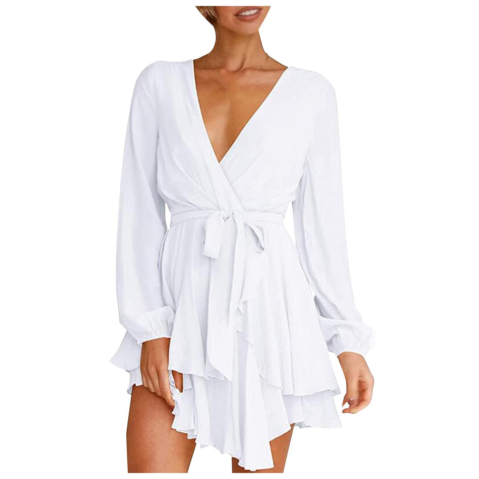 

Женское повседневное модное однотонное свободное платье-рубашка с длинными рукавами и карманами M белый