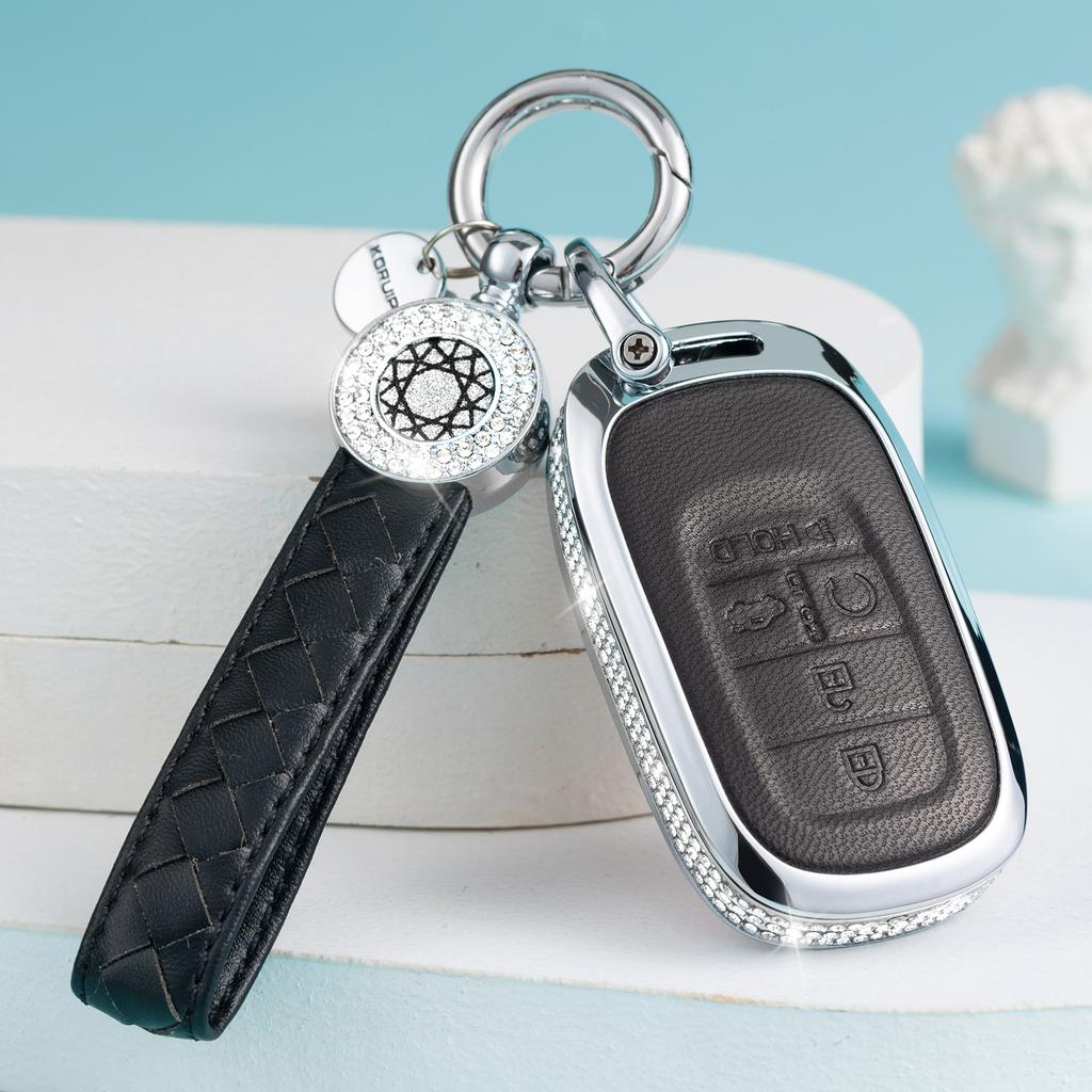 For Honda Key Fob Cover with Keychain, Pink Genuine Leather Crystal Key Case Protection Shell Compatible with 2022 Honda Accord