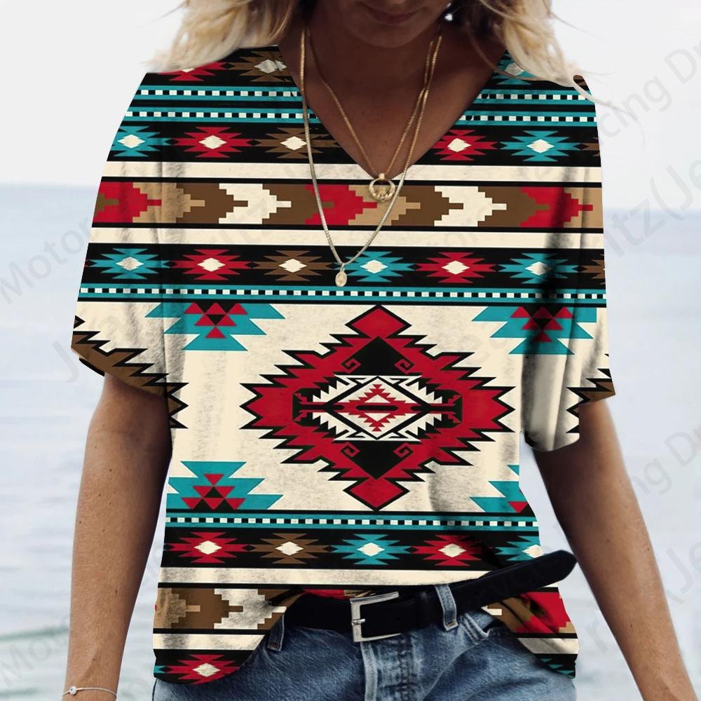 Women's T Shirt Vintage 3d Print T-shirt Women Fashion Casual V-Neck Short Sleeve Tops Tees Ethnic T Shirt Geometric Camisetas