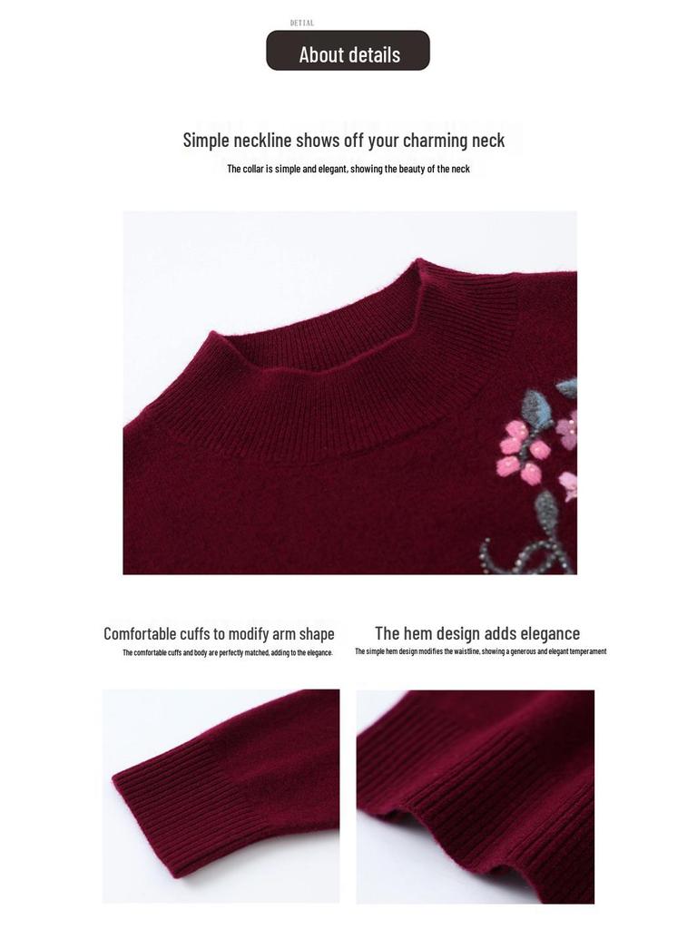 Autumn & Winter Women's 100% Pure Wool Sweater - Stylish Embroidered Half-High Neck for Middle-aged & Elderly
