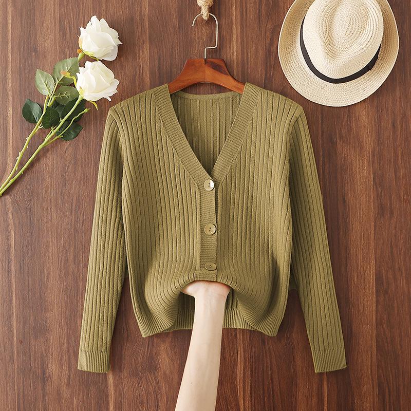 2025 Women's V-neck Loose Knit Cardigan - Short, Long Sleeve Sweater for Spring & Autumn