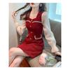 Womens Tweed Contrast Mesh Sleeve Bow Detail Mini Dress