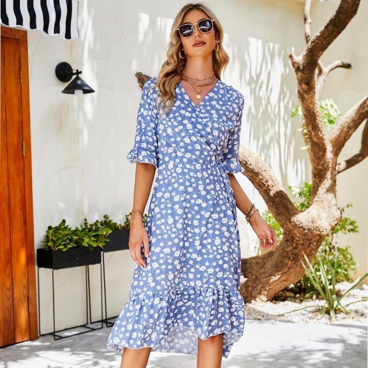 

Summer Chiffon Wrap Dress for Women V Neck Short Sleeve Ruffled Hem Long Print Dresses Available in Sizes S to XXL S