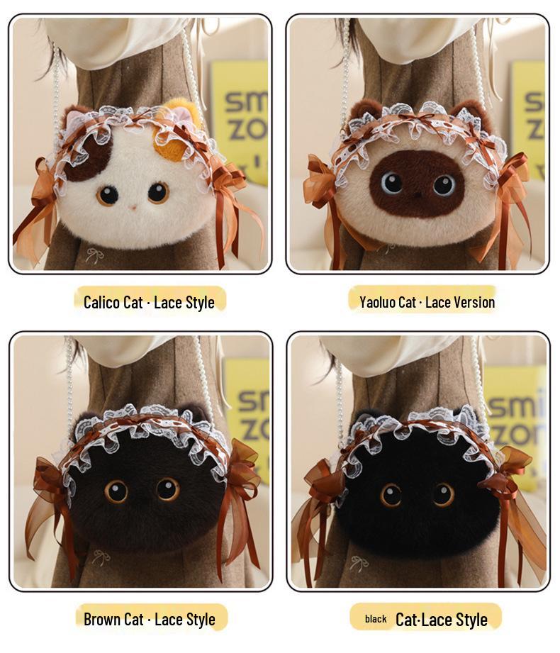 Borsa a tracolla in peluche gatto nero tricolore - Borsa a spalla carina, versatile e regalo di compleanno.