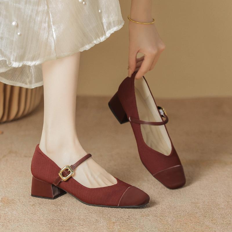 Shallow single shoes women's spring new French square head thick heel Mary Jane shoes women's burgundy high-heeled single shoes