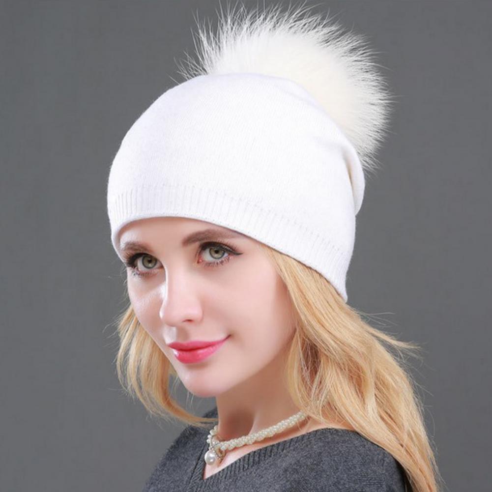 Winter Lady Hat Knitted Thick Stretchy Plush Ball Decor Solid Color Ear Warm Daily Wear Cap Outdoor Skiing Skating He