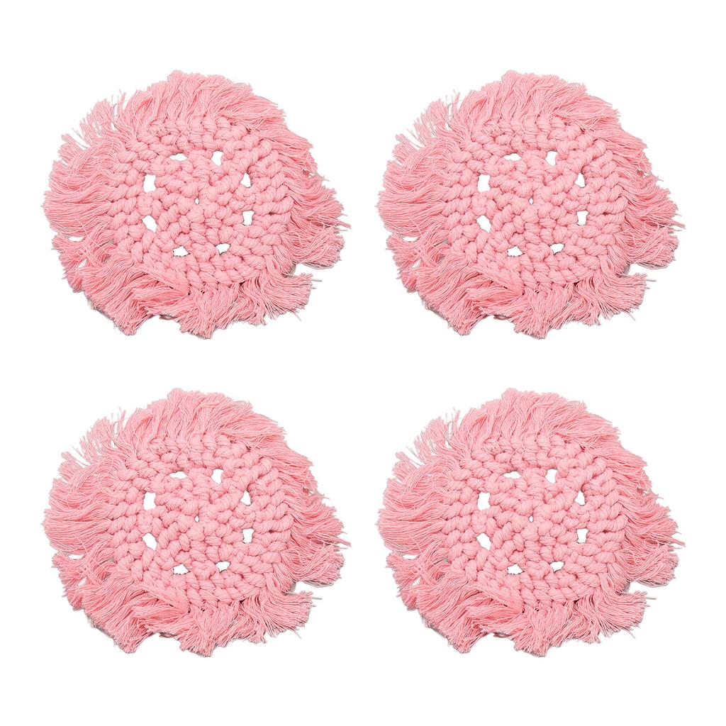 4pcs Cotton Thread Woven Drink Coasters with Tassel Round Pure Color Elegant Lipstick Pot Pads Mats