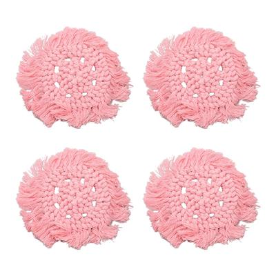 4 Stück Baumwollfaden Gewebte Getränkeuntersetzer mit Quaste Rund Einfarbig Elegant DIY Lippenstift-Topf Untersetzer Matten Rosa
