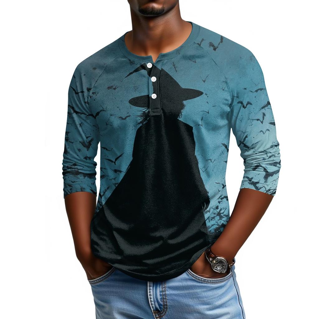 Men Casual Halloween Print Henley Shirt Raglan Sleeve Three Quarter Length Button Front Top for Fall Seasonal Wear