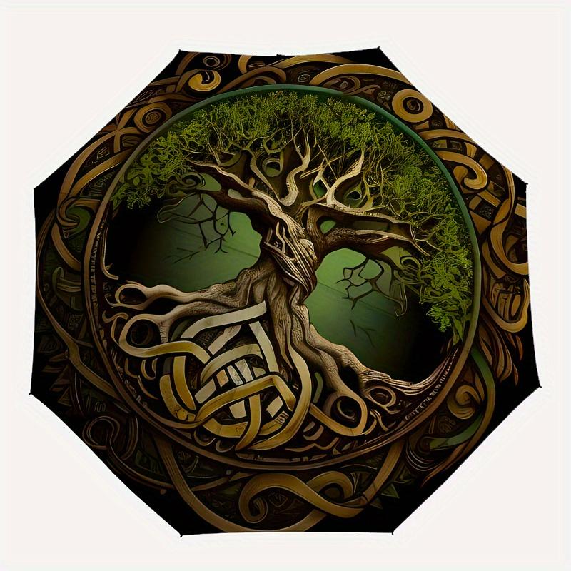 Tree of Life, Celtic Knotwork themed, Eight ribbed, Self folding umbrella Is Suitable for Everyday Outdoor Use and Is An Ideal Gift for Frie