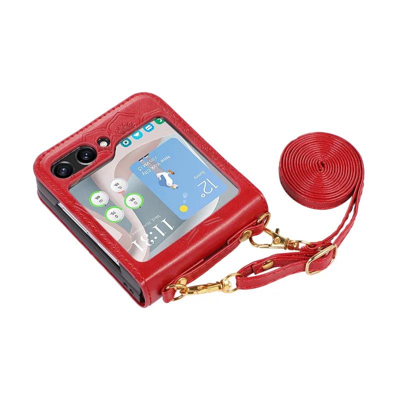 

Чехол для телефона с ремешком через плечо и цветочной мандалой для Samsung Galaxy Z Flip 5 Flip5 5G, противоударная крышка из искусственной кожи Galaxy Z Flip5 красный