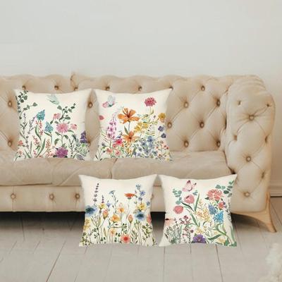 4Pcs Linen Floral Throw Pillow Covers Cushion Cases Soft Pillowcases for Couch Sofa Housewarming