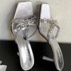 Luxury Rhinestone Open Toe Heeled Shoes Woman Satin Square Toe Designer Women Sandals Fashion Elegant Thin Heeled Slide Sandals