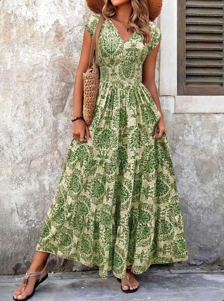 Vintage print dress V-neck short-sleeved dress long dress women's vacation style