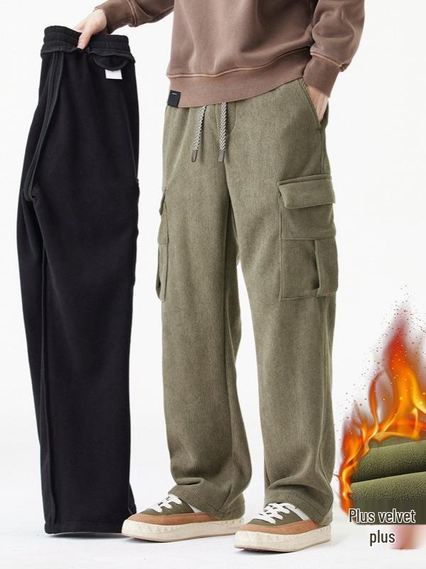 Men's Winter Corduroy Work Pants: Fleece-Lined, Thick, Loose, Wide-Leg, Straight Casual.