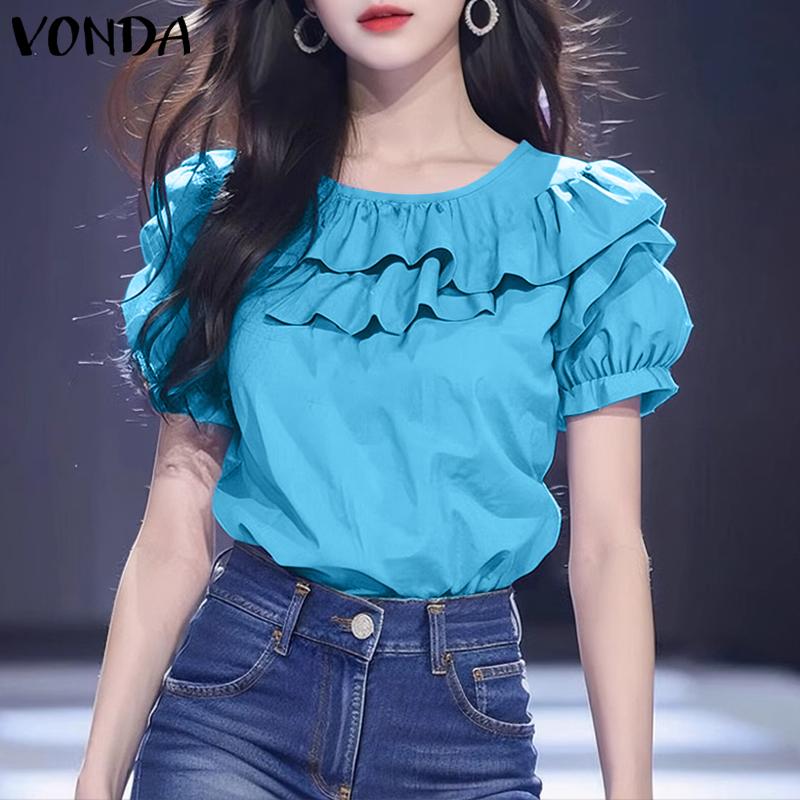 VONDA Damen Sommer Rüschen Rundhals Kurzarm Blusen