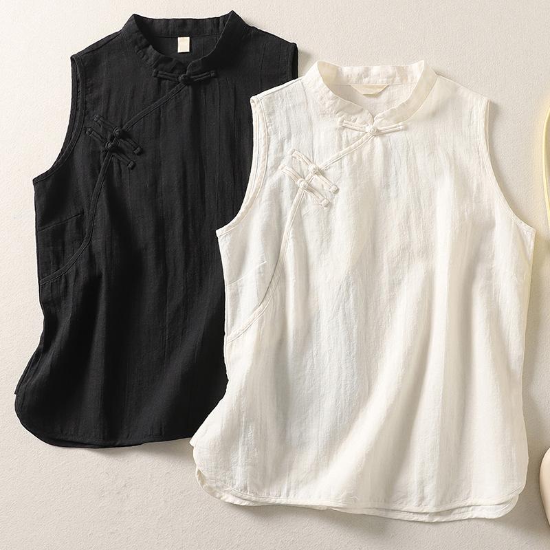 Chinese Vest Women Summer Sleeveless Blouse Retro Buckle Split Linen Shirt Soft