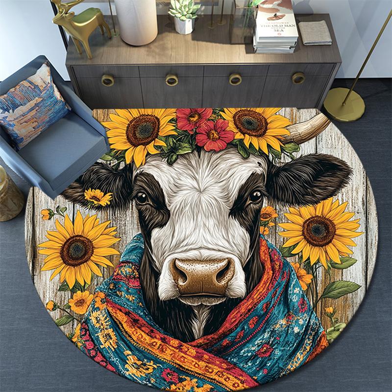 Cow with Sunflower Round Area Rug,Carpet Rug for Living Room Bedroom Sofa Playroom Decor,Non-slip Floor Mat