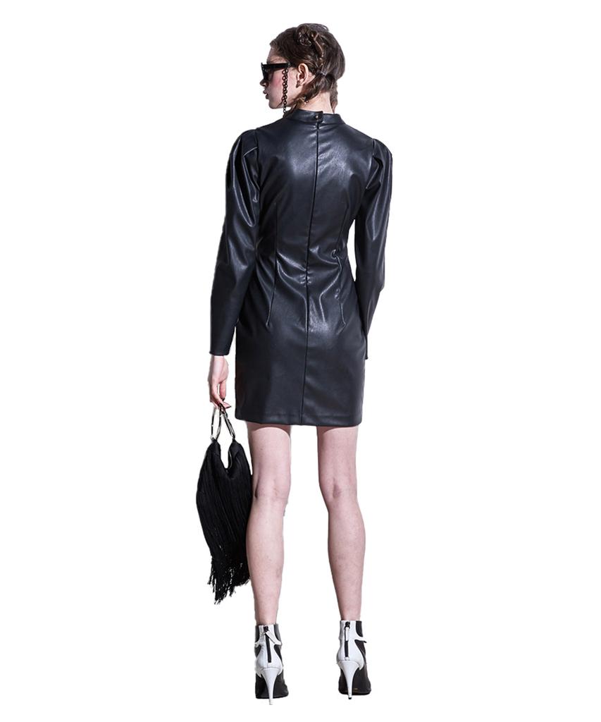 Greedius Leather Puff Sleeve Dress