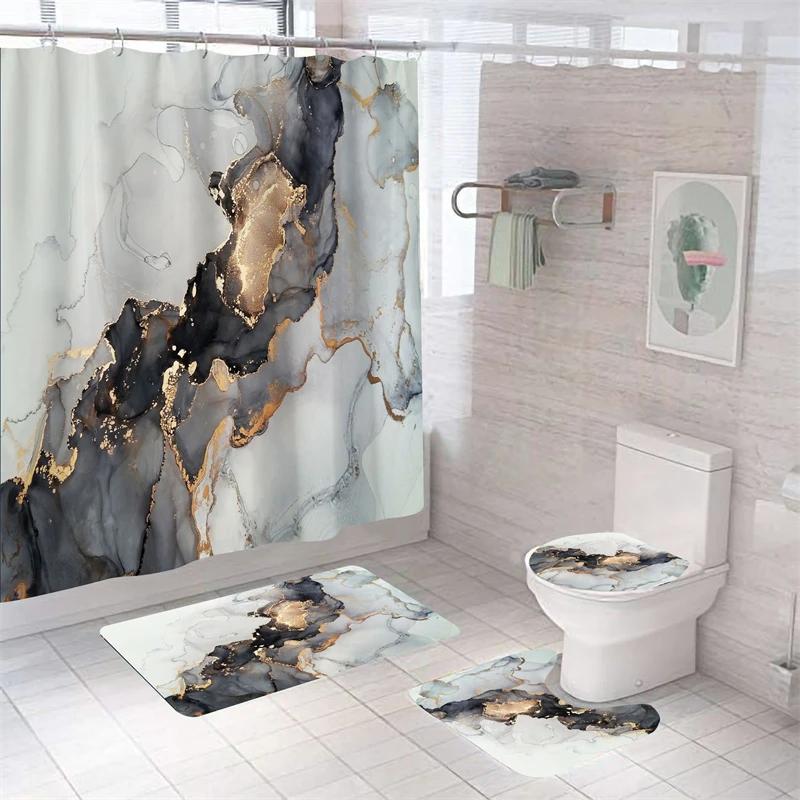 Luxury 3D Marble Shower Curtain Set Polyester Fabric Waterproof Batthroom Curtains Modern Style Printing Bath Toilet Cover Mat