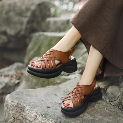 Genuine Leather Retro Woven Thick Soled Sandals Versatile Height Increasing Roman Women's Shoes