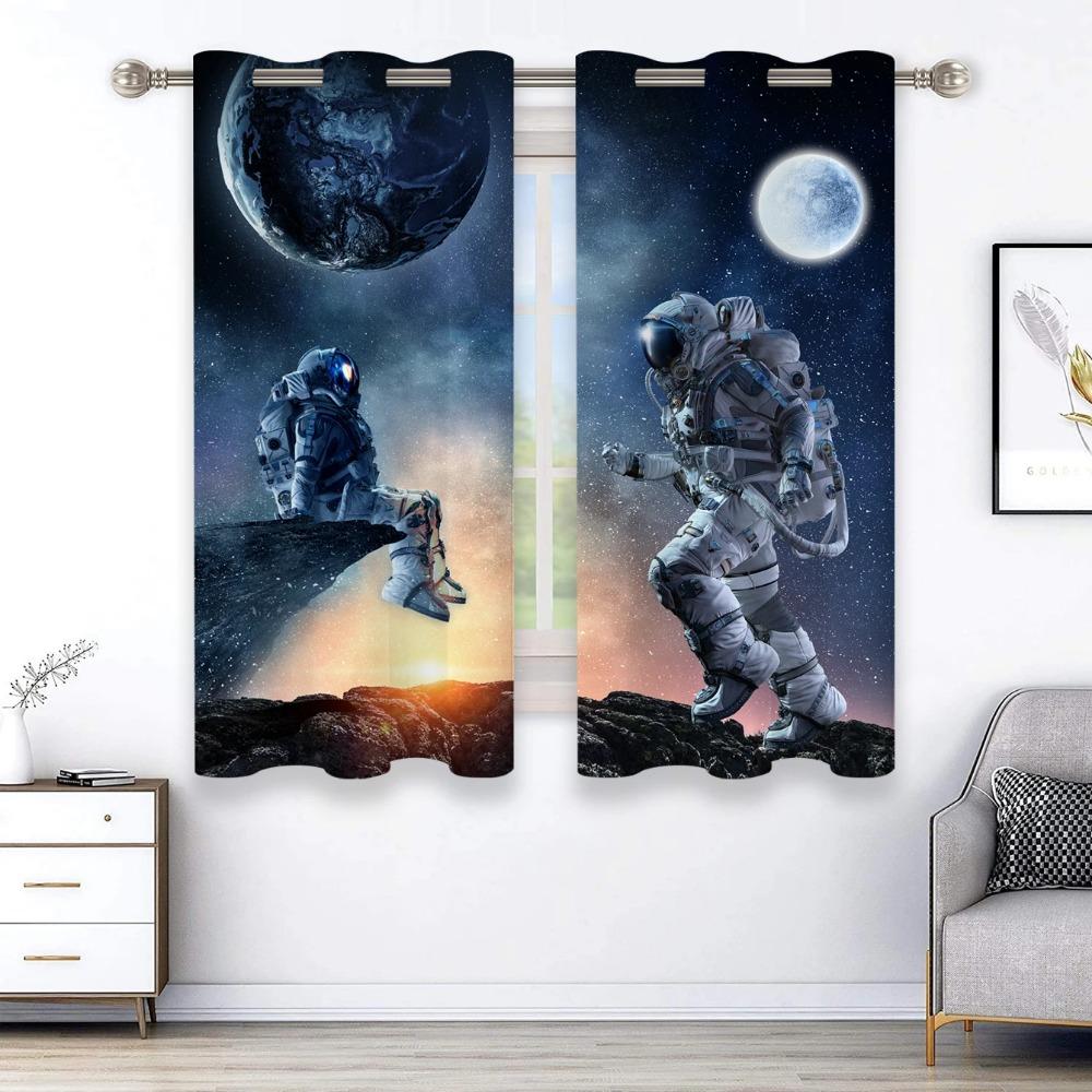 2pcs Curtains Brilliant Galaxy Starry Sky Planet Astronaut 3d Digital Printed Curtains Grommet Top Design For Living Room Drape